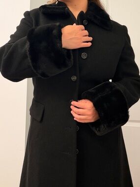 Vintage Albert Nipon Black Long Wool Trench Coat with Fur Trim